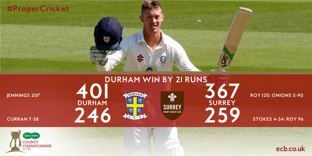 CountyChamp's tweet photo. What a match! @DurhamCricket secure Division One status with a brilliant victory over Surrey 👊 🎉 https://t.co/Yke6Cdsa6S