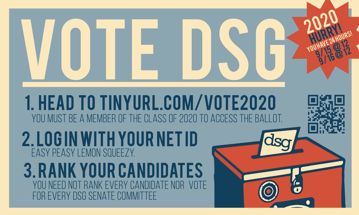 First-years, vote your peers into the DSG Senate by Friday, 9/16 at noon! tinyurl.com/vote2929 #Duke2020