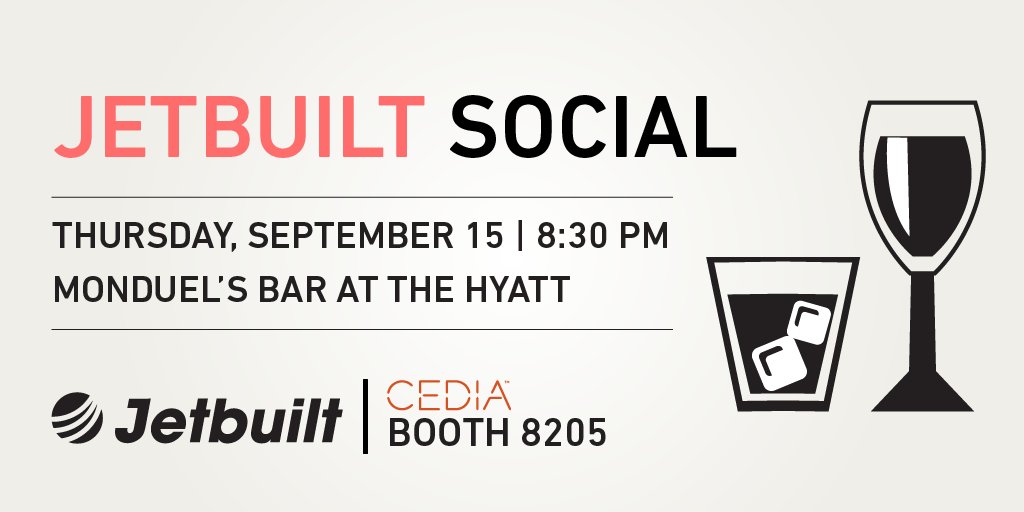 jetbuilt's tweet photo. Here at #CEDIA16? Come join us tonight for our #JetbuiltSocial hosted by @SethDRubenstein! 🎉 #CEDIALIVE #avtweeps https://t.co/pKoMwKmI1L