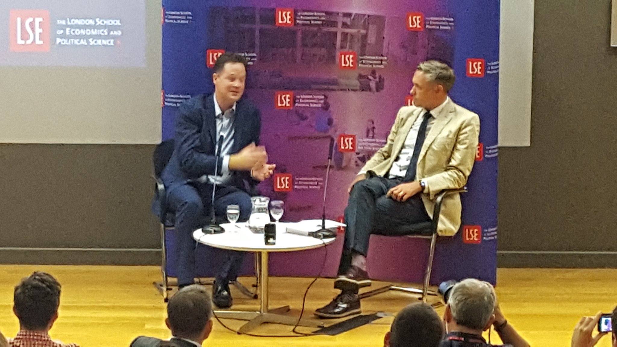 @nick_clegg with Prof Simon Rix @LSEpublicevents on govt & difficulties of being "between the extremes" #LSEClegg https://t.co/KVtHRK4h7r