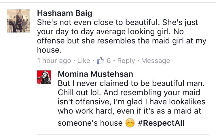 MominaMustehsan's tweet photo. Didn't know "maid girls" at a Pakistani's house couldn't be beautiful, and being compared to one could be offensive https://t.co/8DnMtIKn3H