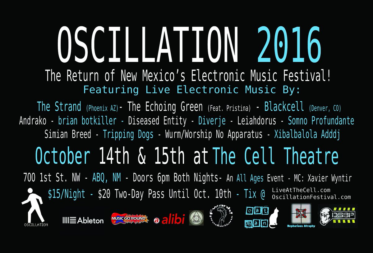 brianlorelle's tweet photo. #oscillation2016 tickets are only $20 for two days of Electronic music -- https://t.co/WJsTqWBhMh
#ABQ https://t.co/rt2bWzQwEn