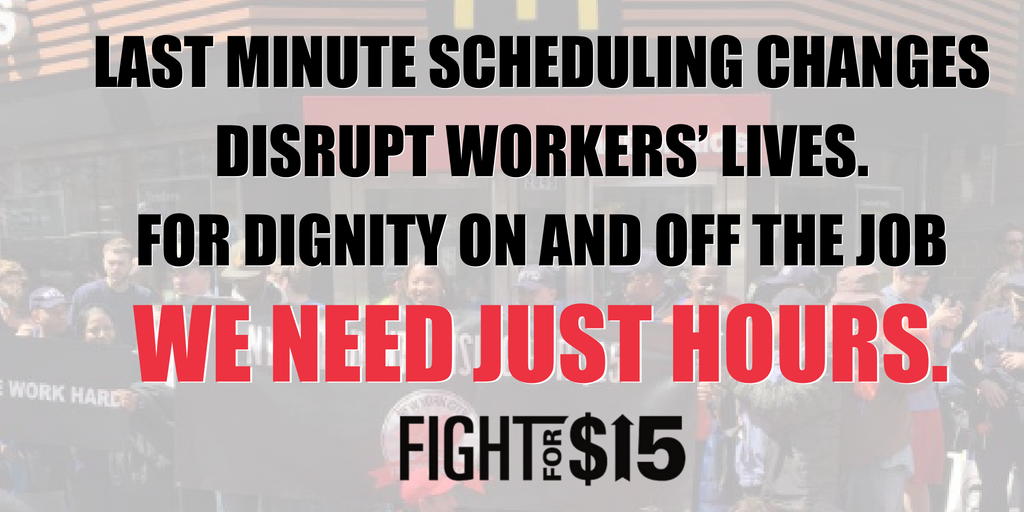 FastFoodForward's tweet photo. We need work schedules that allow us to live our lives #FightFor15 https://t.co/2M2egwNmPn