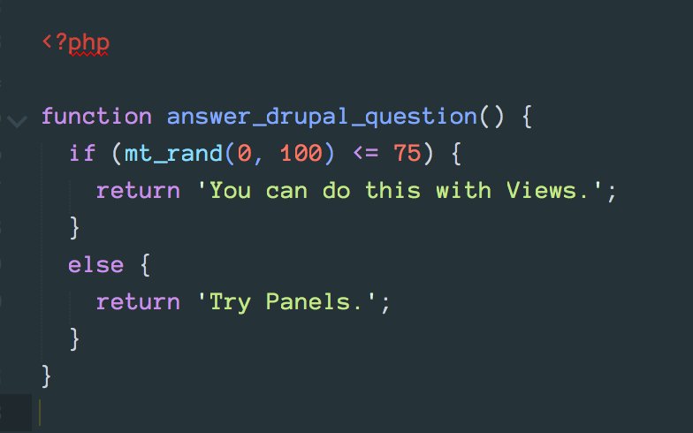 eojthebrave's tweet image. I&apos;m starting to think it might not be that hard to write an AI that can answer Drupal questions ...