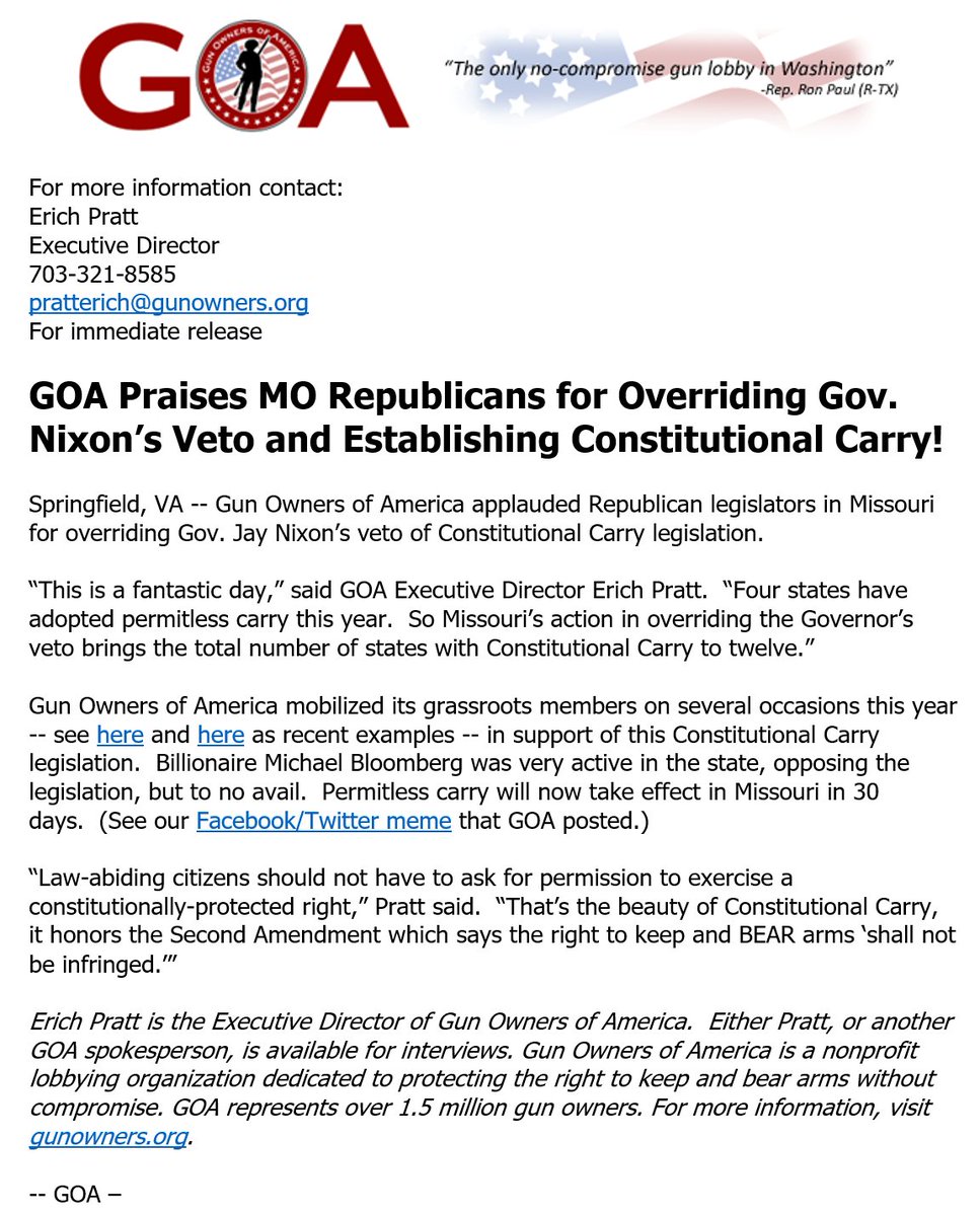 GunOwners's tweet image. RELEASE: MO Legislature overrides governor's veto for Constitutional Carry! 

RT if you support permitless carry!
