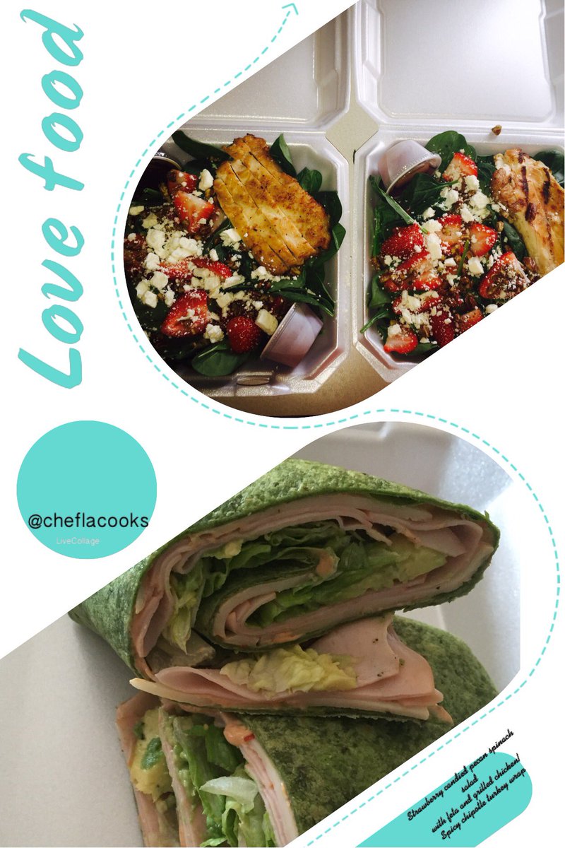 cheflacooks's tweet photo. Strawberry candied pecan spinach salad with feta and grilled chicken. Spicy chipotle turkey wrap with avocado. https://t.co/mZNPKVd51U