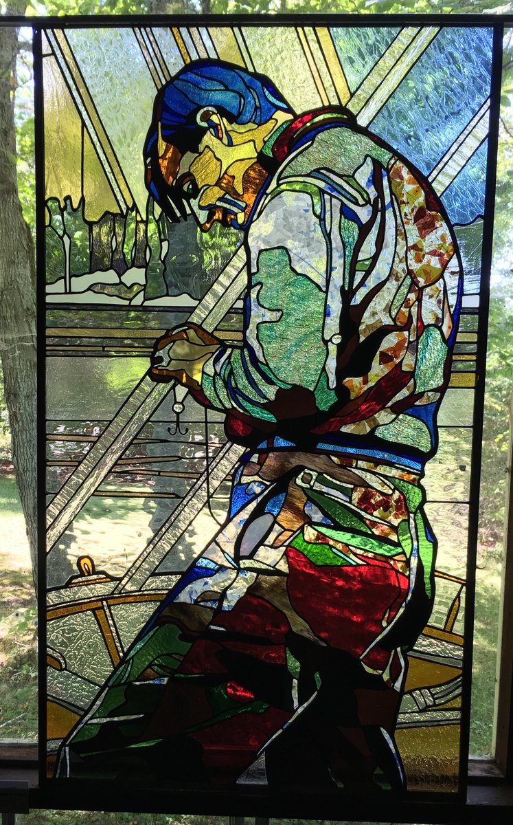 PerivaleGallery's tweet photo. "Gone Fishing" ~amazing stained glass portrait of Tom Thomson by Hadyn Butler at Perivale Gallery #embracetheunique https://t.co/TwpKxv9HgV