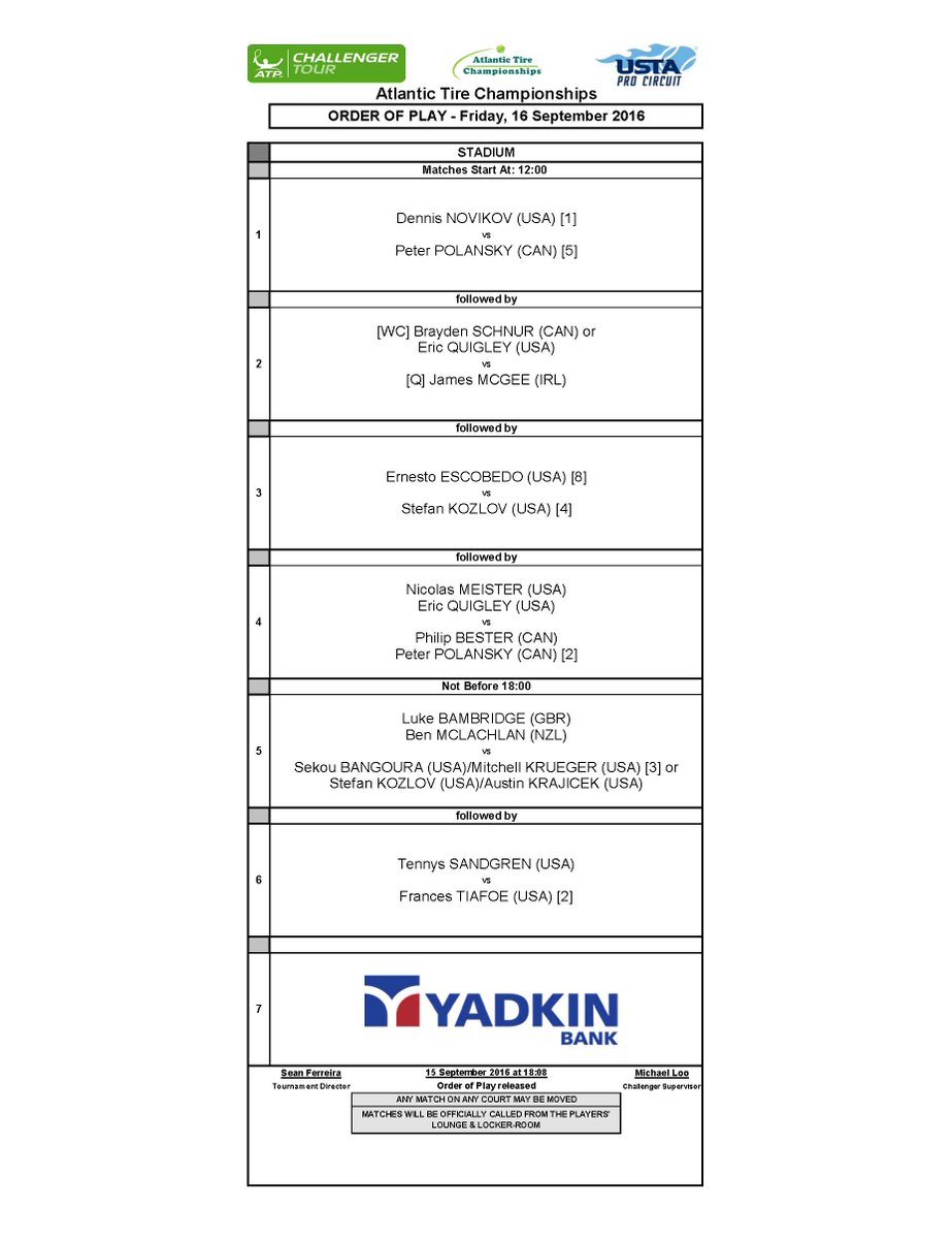 CaryTennClassic's tweet photo. It's already Friday? Time flies. Friday's Order of Play #ATChamp2016 https://t.co/Irmf7N25gb