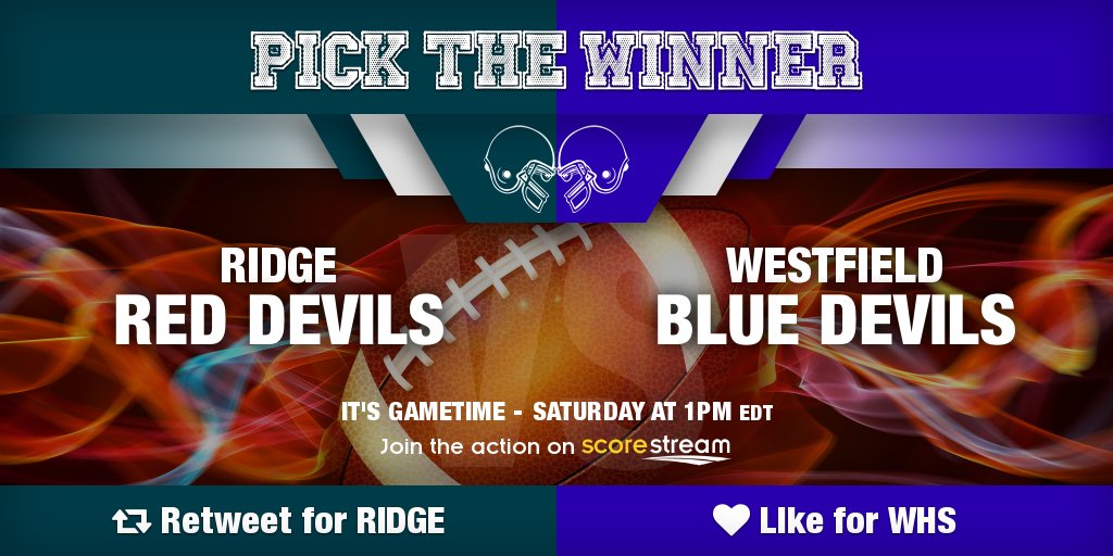 ScoreStreamNE's tweet photo. Who wins??
Retweet for Ridge (@sgodevs)
Like for Westfield (@WHS_BlueDevils)
Get the app 🏈 https://t.co/XM7UbN0V5T https://t.co/5ndn7wXdpy