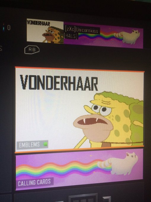 Globe44HD's tweet photo. Some guy got banned for portraying vonderhaar as a spongebob hahah, treyarch banning funny emblems soon! https://t.co/JpzJT7qOxY