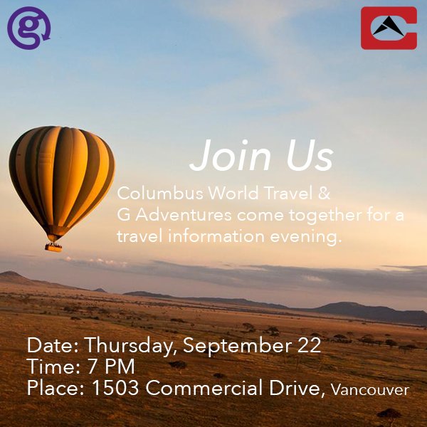 _ColumbusTravel's tweet image. Join us next Thursday! Email to RSVP: info@columbusworldtravel.com or Phone: 604-255-7781 #TravelwithColumbus #YVR