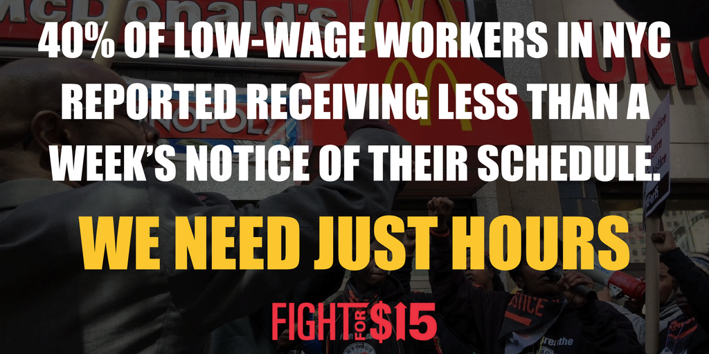FastFoodForward's tweet photo. In New York we're fighting for two weeks notice on our scheduling and union rights #FightFor15 https://t.co/XdAjbRw1ri