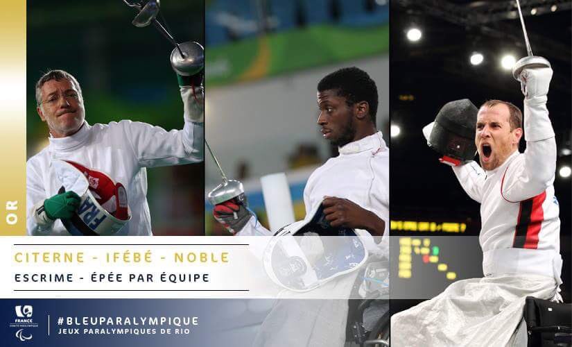 FRAparalympique's tweet photo. #Or !!! #exploit face aux chinois en épée par équipe avec Y. Ifébé, R. Noble, R. Citerne #BleuParalympique #rio2016 https://t.co/g2YDMzrmxB