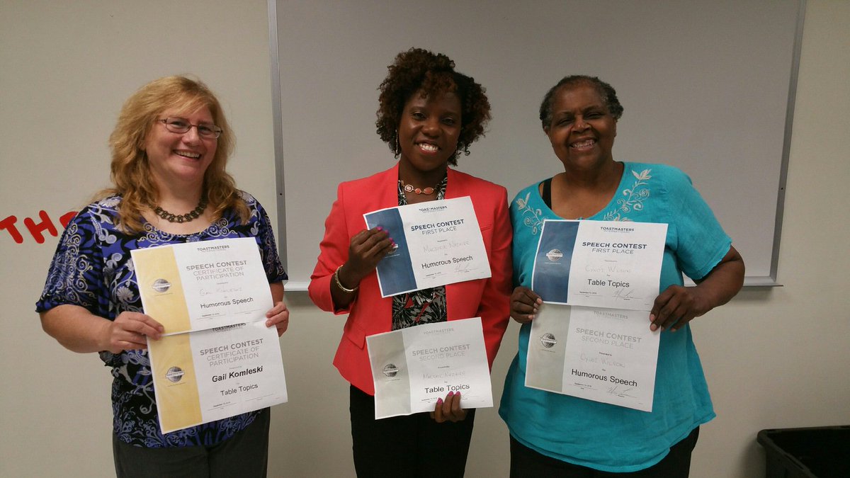 Impact21Winners's tweet photo. Congrats to @CyndiWilsonDTM (1st pl Table Topics) and @MarjorieNazaire (1st pl Humorous Speech)! #wecreatewinners https://t.co/YoCQVFOx0k