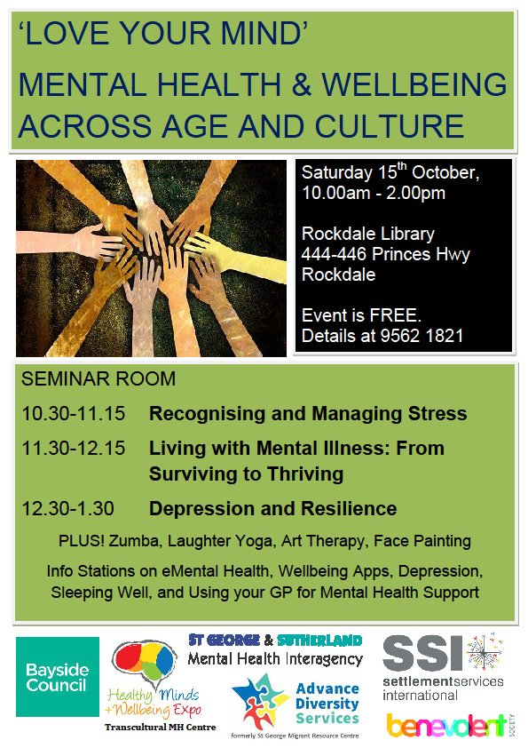 rockdalecitylib's tweet photo. Love Your Mind at Rockdale Library, October 15. #mentalhealth  #wellbeing #arttherapy #laughteryoga #depression https://t.co/JQhsMcLV4L