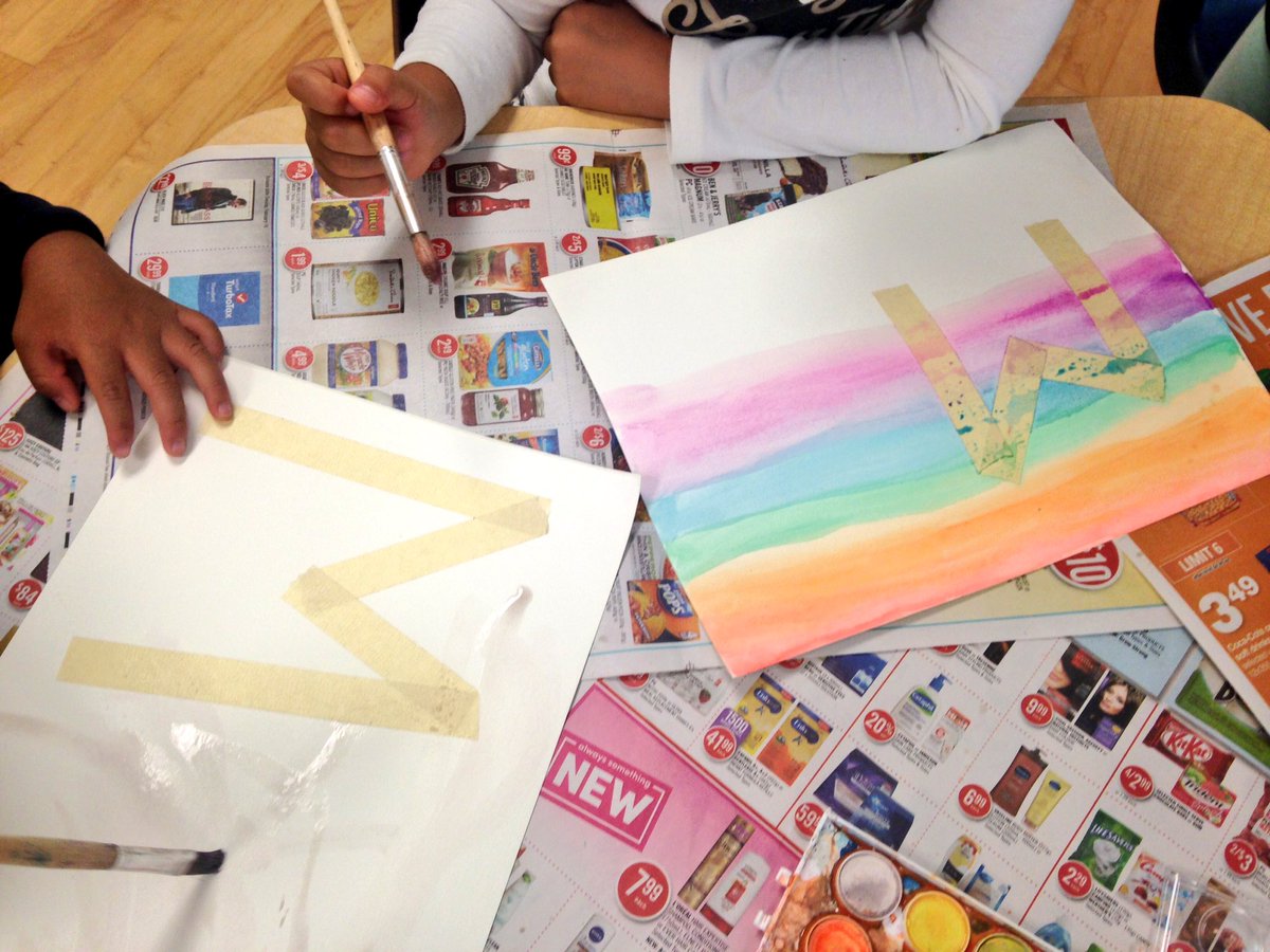 Mgikov's tweet photo. Masking tape + water colour Art with the first letter of our name! ❤️🎨 #kindergarten #finemotorskilldevelopment https://t.co/c0Aea9W1s9