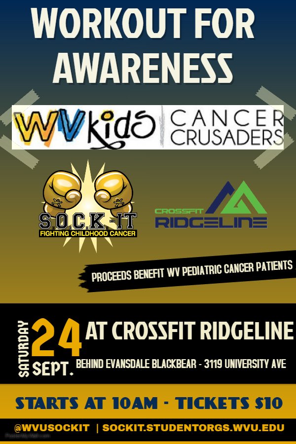 WVUSOCKIT's tweet photo. Fight to end Childhood Cancer with SOCK-It's 2nd annual Workout for Awareness!
Sign up here: https://t.co/KxW7ELCJLG https://t.co/egmoKkoA27