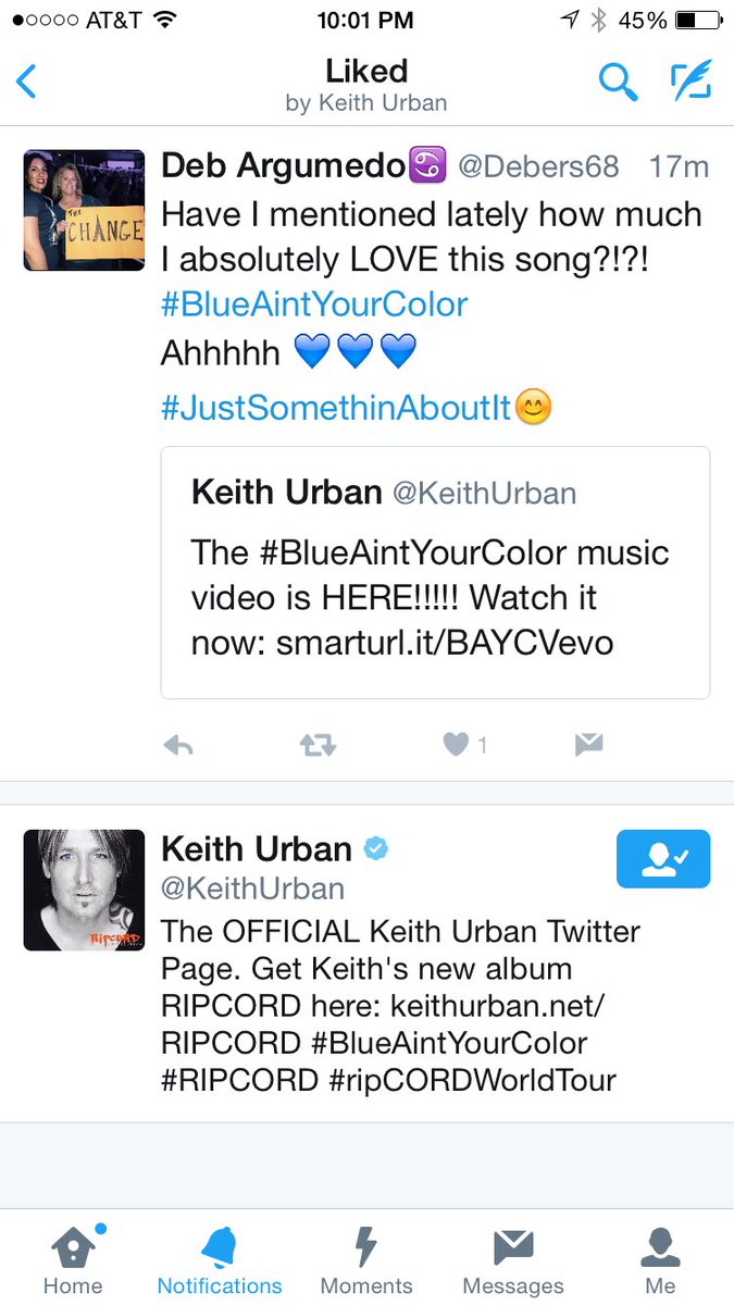 Debers68's tweet photo. Umm huge...did I mention H•U•G•E #fangirl 😍 moment!! @KeithUrban liked my tweet!! #SayWhaaaaaat!?!? #GreatNightCap!💙 https://t.co/p2vHubu0F2