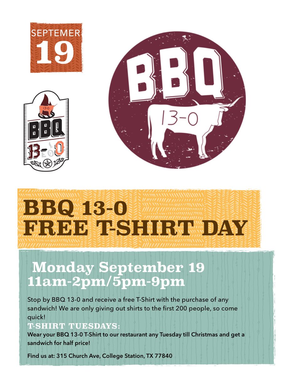 Barbecue130's tweet photo. Another tshirt giveaway next Monday, September 19! Be sure to stop by and enjoy some delicious BBQ! https://t.co/YhdXv551bK