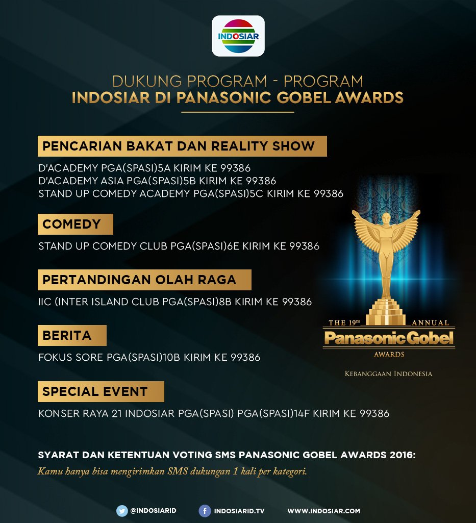 DanangismeID's tweet photo. "@IndosiarID: Dukung @DAcademyID Asia di #PGAwards2016 dengan cara SMS D’academy Asia PGA (SPASI )5A kirim ke 99386. https://t.co/0QZzdNl8DH