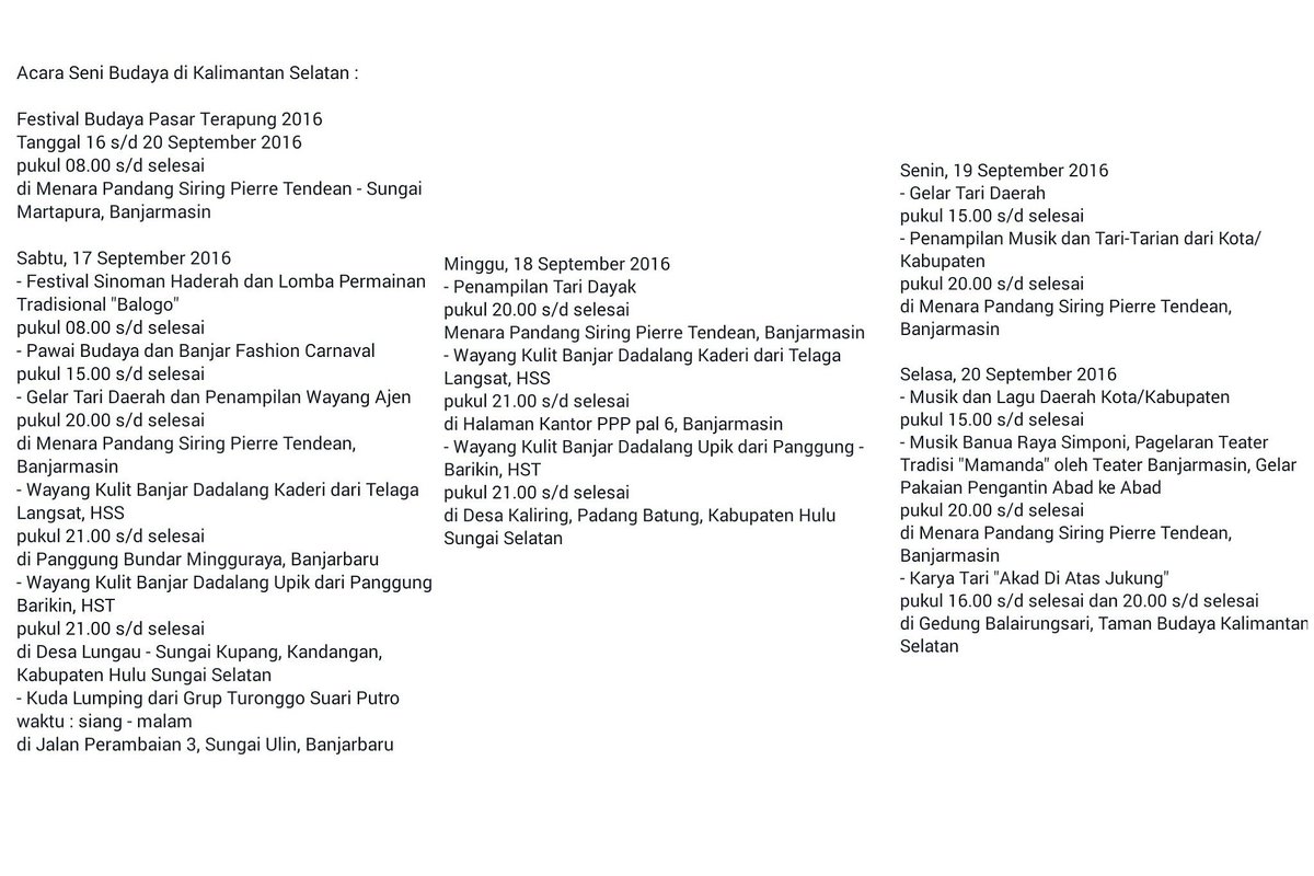 Info Acara Seni Budaya di Kalimantan Selatan :
Tanggal 16 s/d 20 September 2016