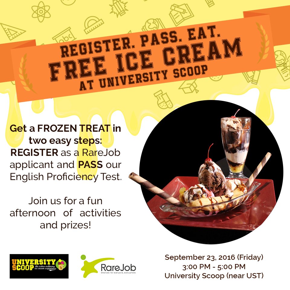 RareJobInc's tweet photo. #RareJobPH is treating you some frozen delights! REGISTER as a RareJob applicant and PASS our English Test! πππ https://t.co/7C0FcWdqYr
