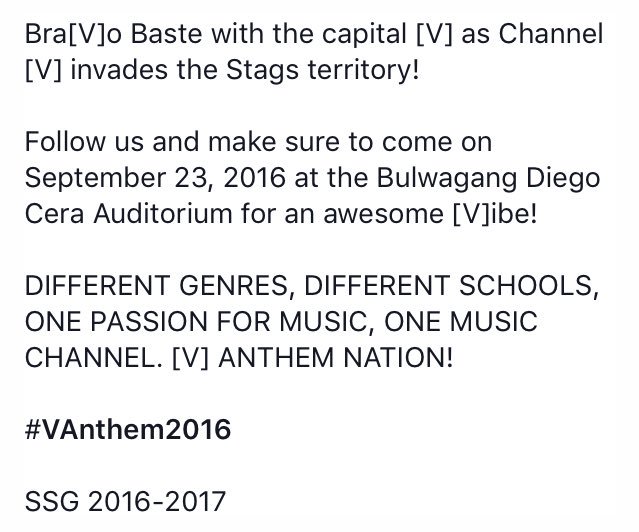 bravobastessg's tweet photo. Channel [V] invades the Stags territory on September 23, 2016 at the Bulwagang Diego Cera! 

See you there! https://t.co/VyUbMO76ot