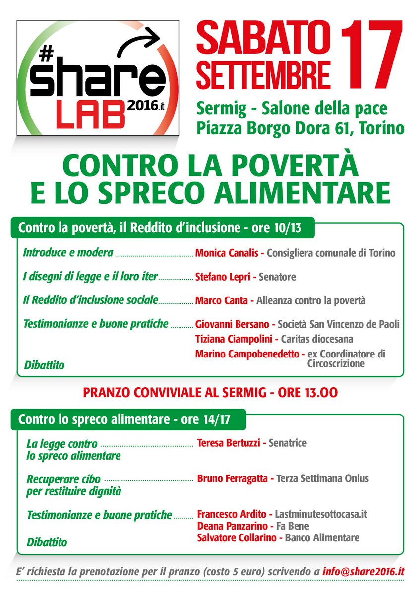 MonicaCanalis's tweet photo. Contro la povertà e lo spreco alimentare. Domani a #Torino #Share2016 @stefanolepri @frankardito @s_collarino https://t.co/BT6zI3gcQV