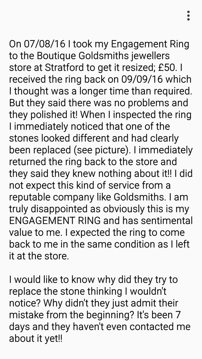 Amelz_1's tweet photo. Terrible #CustomerService from @boutiqueGS!Would never recommend them again!Damaged my ENGAGEMENT RING!#BBCWatchdog https://t.co/7K1i9rjhkY