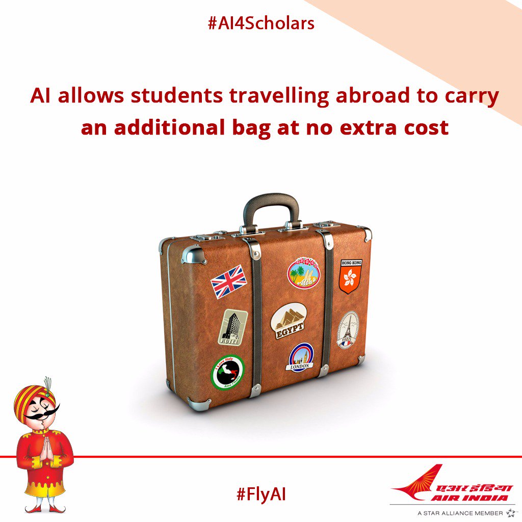 airindia's tweet photo. #AI4Scholars: Because we care, #AI allows students travelling abroad to carry an additional bag at no extra cost. https://t.co/DqGzEBIiie