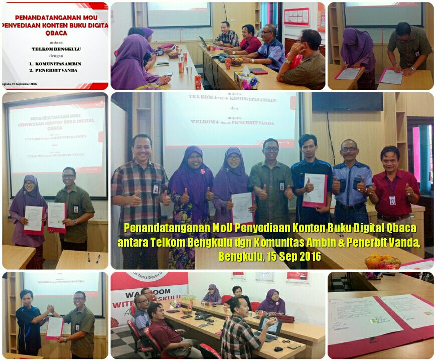 Penandatanganan MoU penyediaan konten buku digital Qbaca antara Telkom Bengkulu dgn Komunitas Ambin &amp; Penerbit Vanda