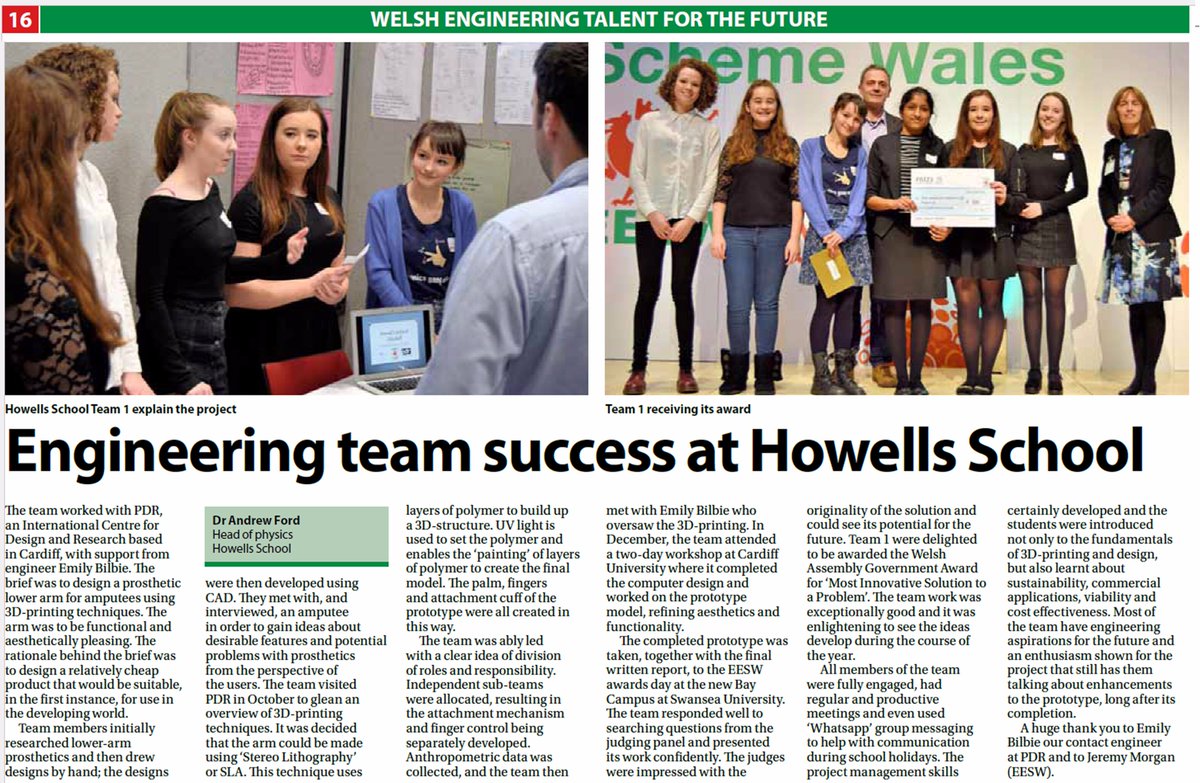 PDR_Prototyping's tweet photo. Great to see the @EESWSTEMCymru write up for the @PDR_Prototyping and @HowellsSchool winning team! #STEM #3dprinting https://t.co/XwPWjU27eA