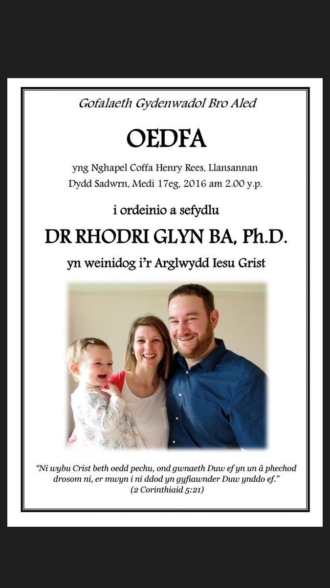 Fydd Rhodri Glyn yn cael ei ordeinio yn Weinidog ar Fro Aled prynhawn fory! Dowch yn llu!! #hwre