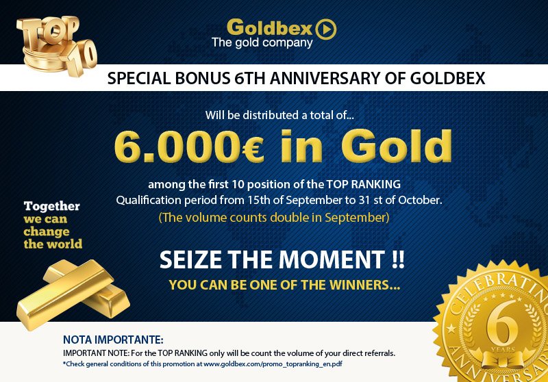 Goldbex34's tweet photo. WE LAUNCH AN INCREDIBE PROMOTION- 6.000€ IN GOLD!!!!!!! To celebrate our 6th anniversary. Info support@goldbex.com https://t.co/DucfBz9nKM