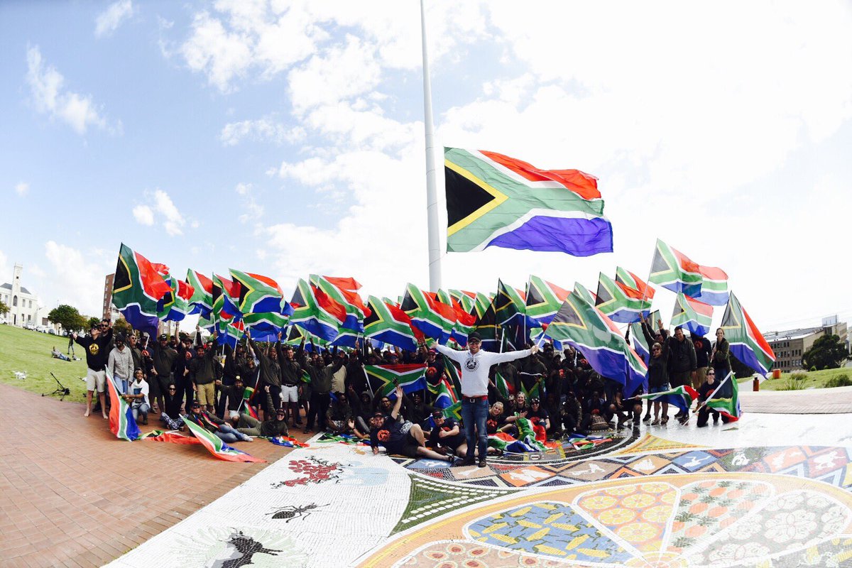 The #southafrican flags fly proudly in the PE breeze. The #braaitour rumbles on. #nationbuilding #heritage