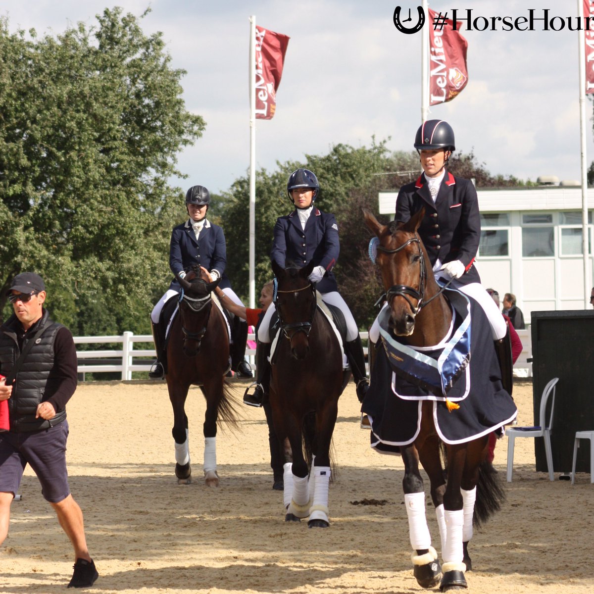 HorseHour's tweet photo. Top 3 preparing for parade @DodsonHorrell Novice Gold Champs! @CSJDujardin @JessicaDunn21 @AmySchiessl101 #HorseHour https://t.co/snH4RO5qZg