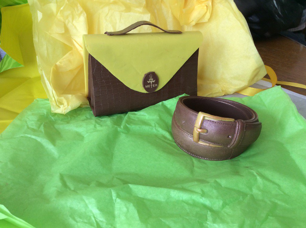 bonnerleather's tweet photo. @south_rachael we raise you a chocolate handbag &amp; belt! #edibletools #chocolate #thanksdad https://t.co/gUg7RQHpPs
