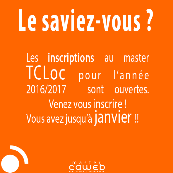 mastercaweb's tweet photo. Les inscriptions au Master #TCLoc pour janvier sont ouvertes !! N'attendez plus ! https://t.co/Q4fipRO7kg https://t.co/gnrWFWe066