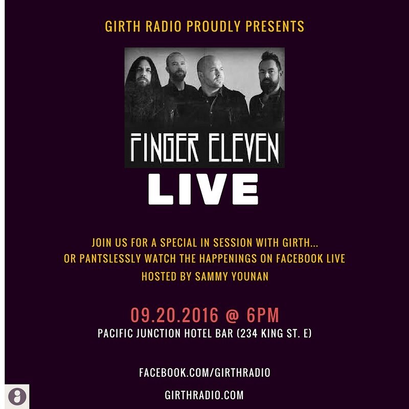 This coming Tuesday!
Finger Eleven Live from the @GirthRadio Studio in PJH! Music gets underway at 6:30pm.#rocknroll