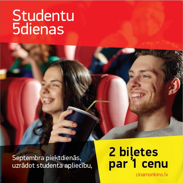 Būt studentam ir izdevīgi! 5dienās uzrādi studenta apliecību un 2 biļetes pērc par 1 cenu!  bit.ly/2bOJtfU