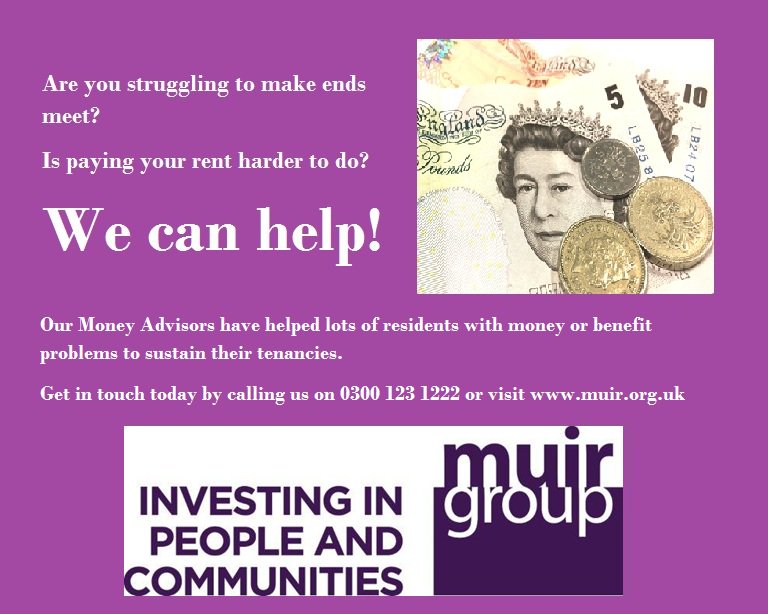 MuirGroupHA's tweet photo. Concerned about money? Is paying your rent becoming more difficult? Muir can work with you to sustain your tenancy. https://t.co/S44YbYFys0