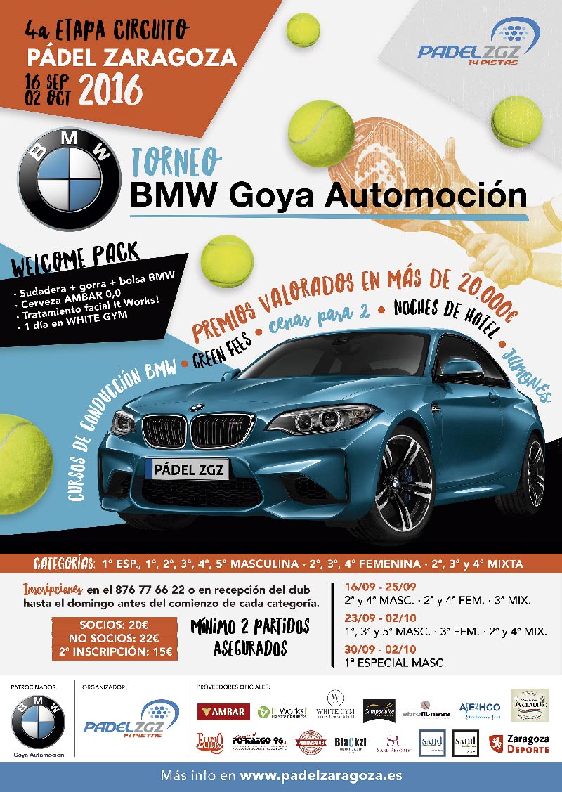 Padelzaragoza's tweet photo. Hoy empieza nuestro Torneo BMW Goya Automoción, 4 Etapa del Circuito. Pásate por el club a disfrutar del ambientazo! https://t.co/6gBlhhx1kt