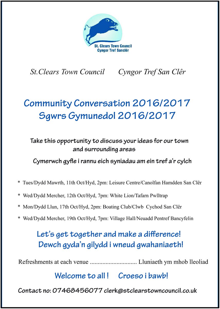 ClerkStClearsTC's tweet photo. In October St Clears Town Council will engage in a conversation with people and organisations https://t.co/Fw4wG3QDJd