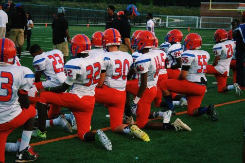 WMHSTheCurrent's tweet photo. Football, girls soccer teams protest injustice by kneeling during National Anthem -  https://t.co/5m7AuCF1ll https://t.co/iK9xm3ZgRg