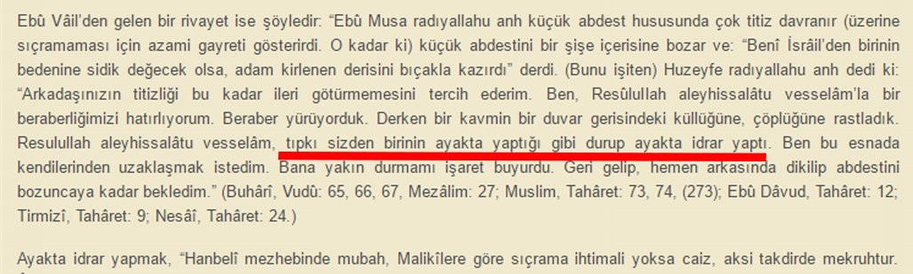 @123yusr4 Türkçe anlamaz mısın arkadaş.söyledim sana,kimi hadislerde ayakta işemek caiz,kiminde de mekruhtur der