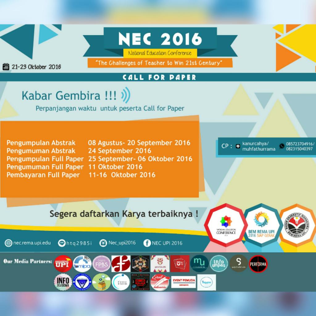 Eventpemuda's tweet photo. Kabar Gembira! Perpanjangan pengumpulan #callforabstract hingga 20 Sept  Don't miss it! #NEC2016 
@edheartaction https://t.co/NcX9uUlBJz
