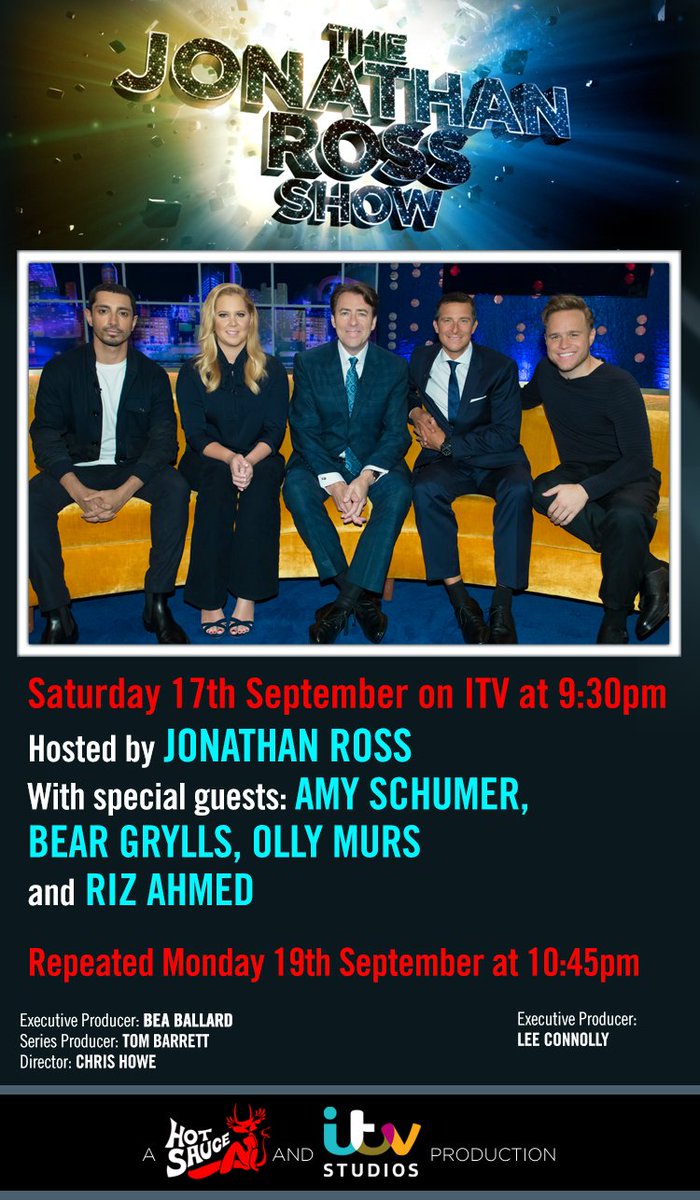 Another fantastic lineup on the sofa at 9:30pm TOMORROW #JRSHOW <a href="/ITV/">ITV</a> <a href="/BearGrylls/">Bear Grylls OBE</a> <a href="/amyschumer/">Amy Schumer</a> @rizmc @ollyofficial