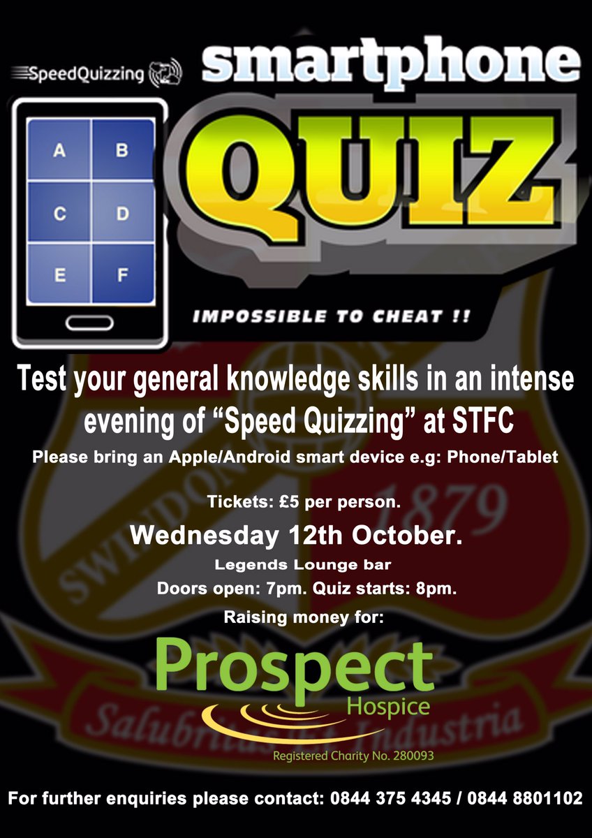 Official_STFC's tweet photo. STFC will be hosting a "Speed Quizzing" event on Wed 12th Oct, raising money for @prospecthospice 🤓📲

Details ⬇️ https://t.co/SXILBuUdub
