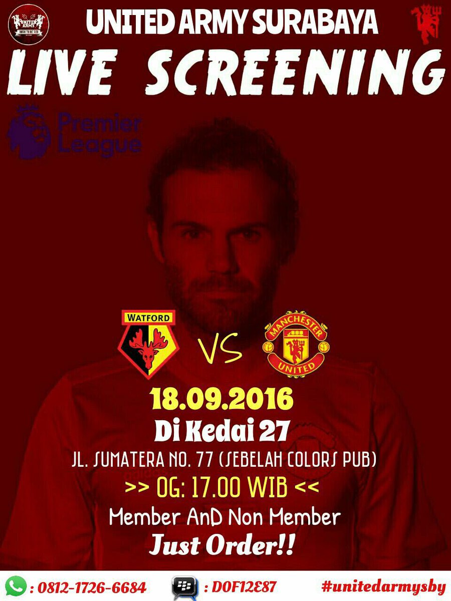 Live Screening
<a href="/WatfordFC/">Watford Football Club</a> v <a href="/ManUtd/">Manchester United</a>
Sun, 18-9-16
Kedai 27
Jl Sumatera no.77
OG: 17.00
Just Order
Member/Non-Member