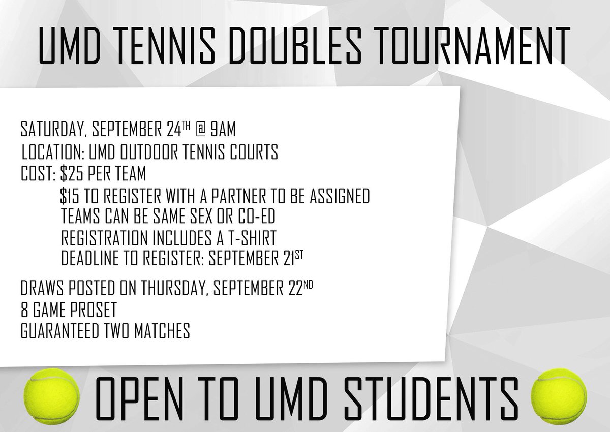 UMD_Tennis's tweet photo. The UMD Tennis team will be hosting a doubles tournament! Register with your partner today at SPHC170! @UMDBulldogs https://t.co/34eq0czwOQ